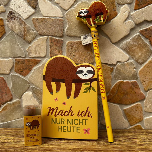 Faultier Schreibset mit Notizblock, Bleistift und Radierer