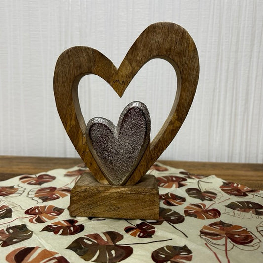 Aufsteller Herz aus Mangoholz/Metall, Silber/Natur (B/H/T) 13x17x5cm