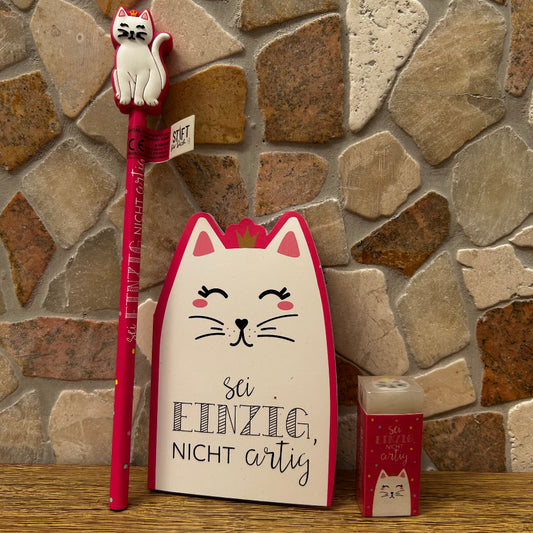 Katze Schreibset mit Notizblock, Bleistift und Radierer