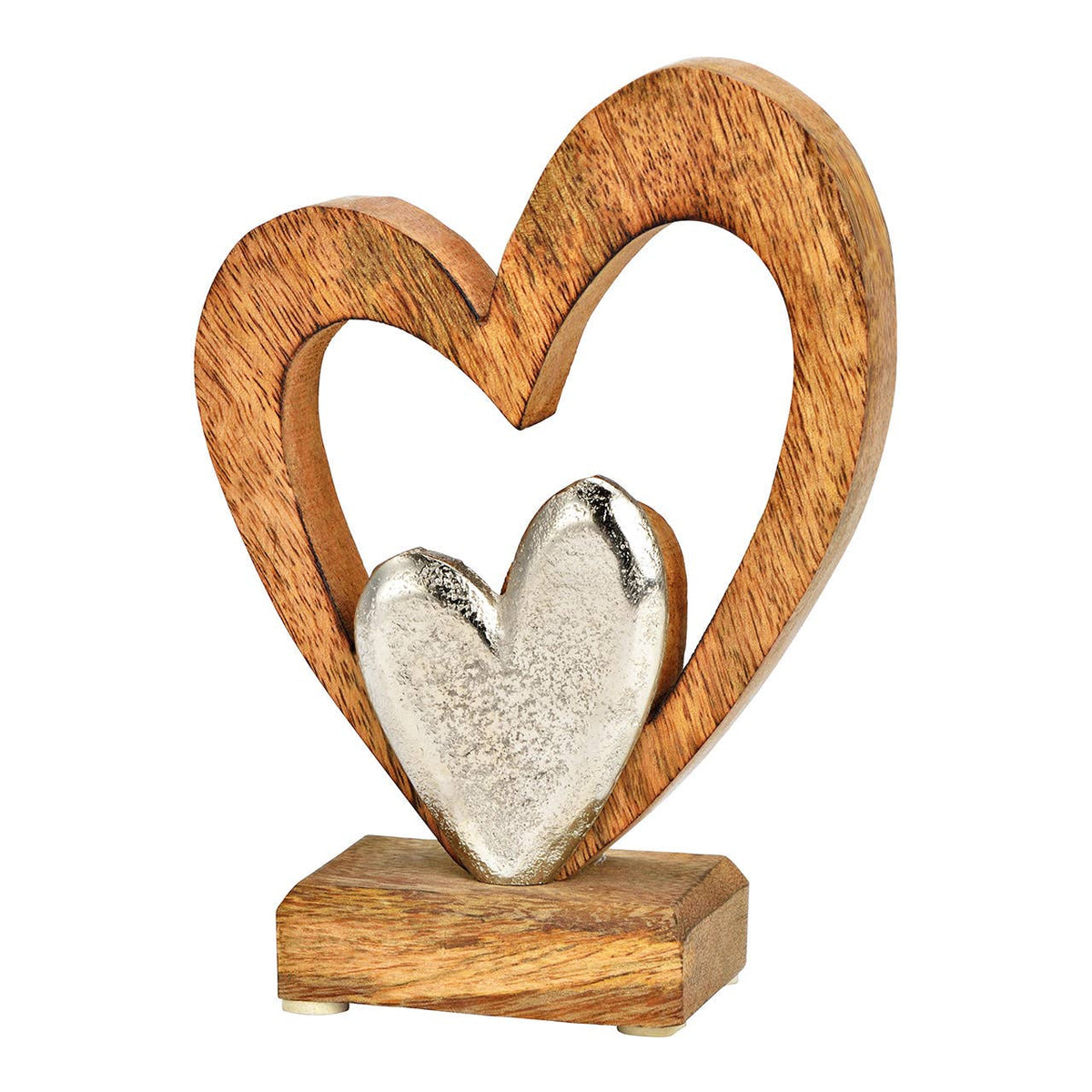 Aufsteller Herz aus Mangoholz/Metall, Silber/Natur (B/H/T) 13x17x5cm