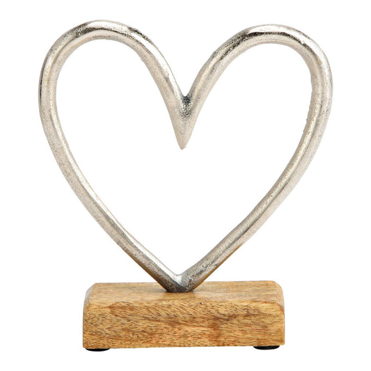 Aufsteller Herz auf Mangoholz - Sockel aus Metall, Silber/Braun (B/H/T) 16x17x5cm