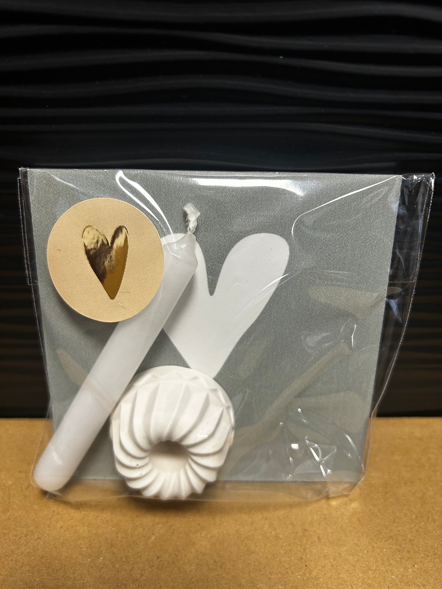 Kerze mit Halter und Forexplatte mit Herz in Blau