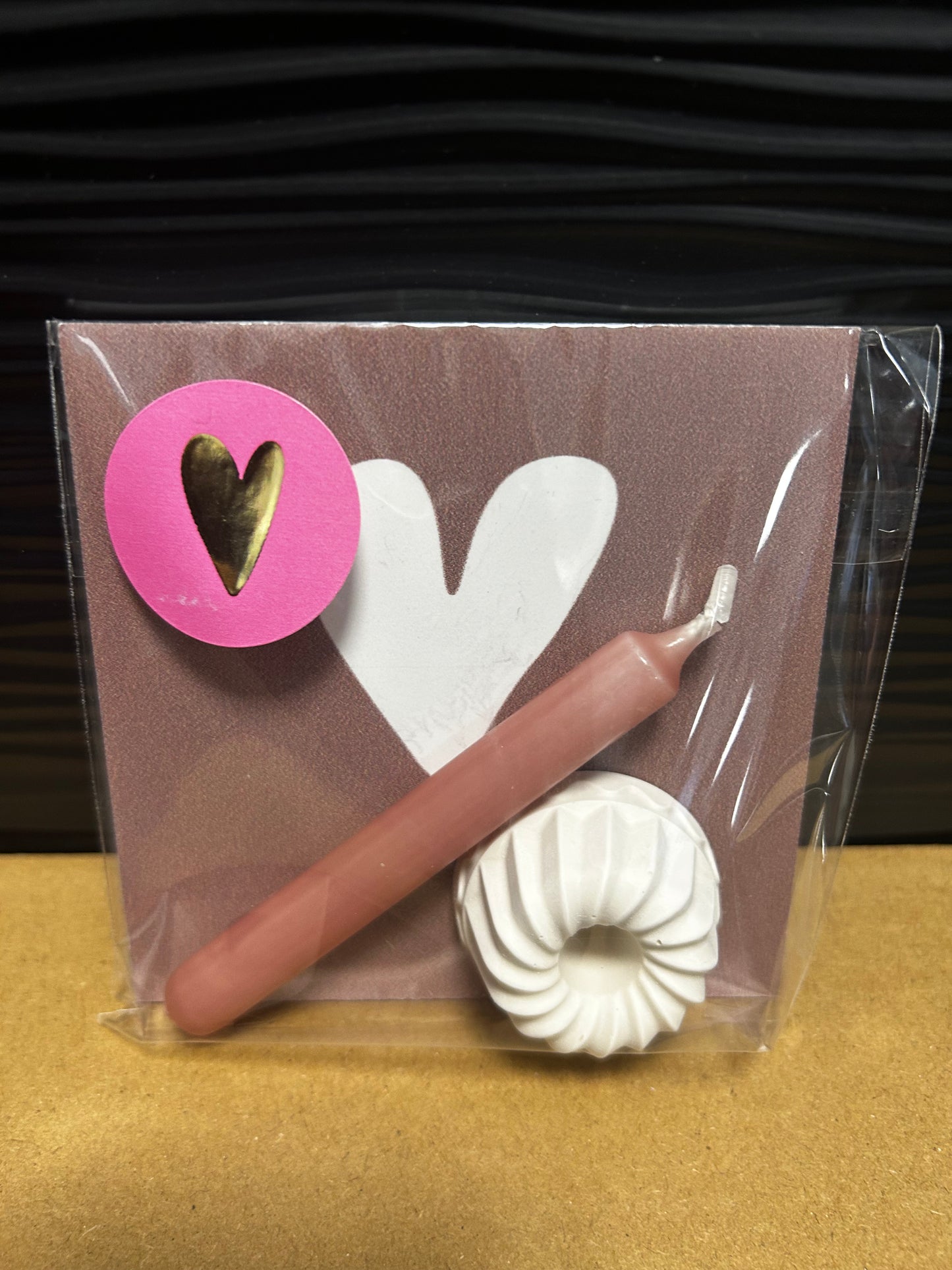 Kerze mit Halter und Forexplatte mit Herz in Altrosa