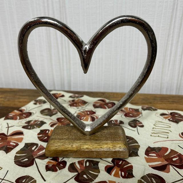 Aufsteller Herz auf Mangoholz - Sockel aus Metall, Silber/Braun (B/H/T) 16x17x5cm