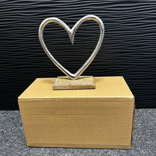 Aufsteller Herz auf Mangoholz - Sockel aus Metall, Silber/Braun (B/H/T) 16x17x5cm