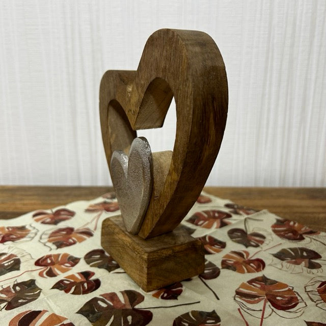 Aufsteller Herz aus Mangoholz/Metall, Silber/Natur (B/H/T) 13x17x5cm