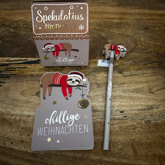 Chillige Weihnachten Faultier Set2 mit Notizblock, Bleistift und Spekulatius