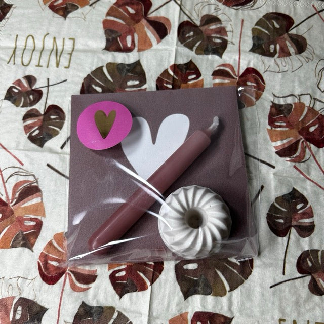 Kerze mit Halter und Forexplatte mit Herz in Altrosa