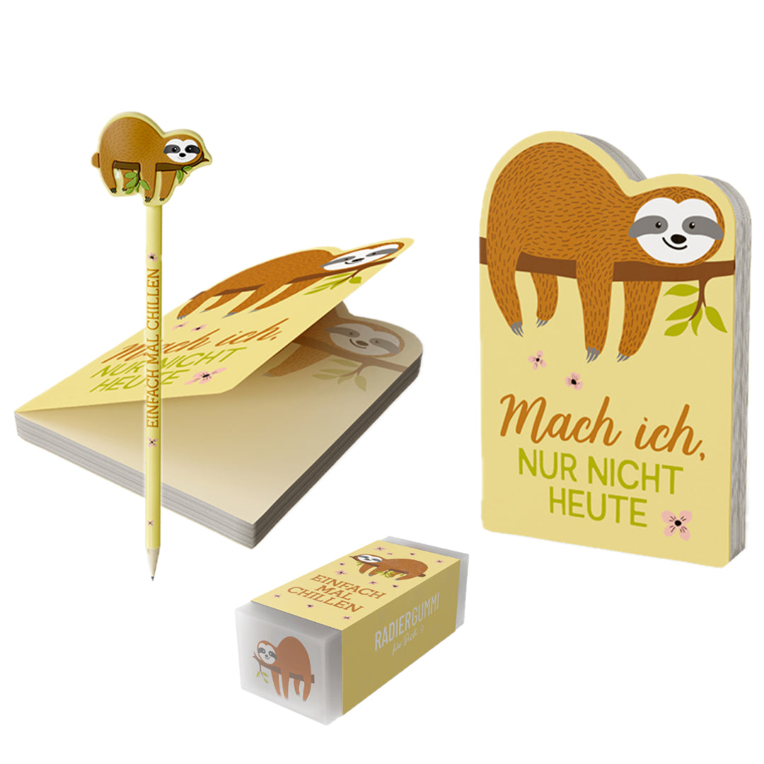 Faultier Schreibset mit Notizblock, Bleistift und Radierer