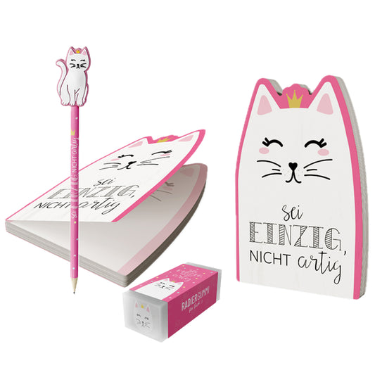 Katze Schreibset mit Notizblock, Bleistift und Radierer